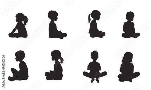 Children sitting silhouette vector set in various poses side view black and white minimalistic flat style illustration for kid concepts and education design