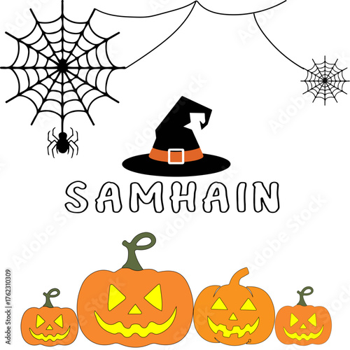 Samhain Pagan Festival Vector with Celtic Symbols and Autumn Elements on White Background