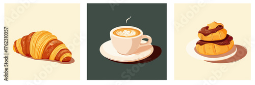 Minimalist vector illustration set of croissant bakery pastry, cup of cappuccino coffee with latte art, and stacked croissants with chocolate topping on plates