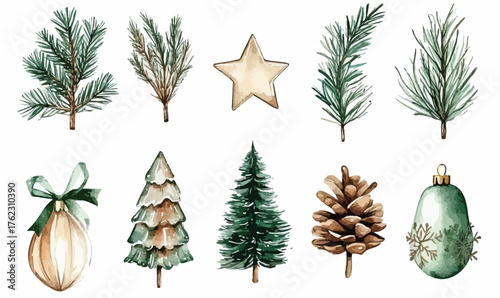 Watercolor Christmas decoration elements set with pine branches, pine cones, hand painted evergreen trees, festive baubles, and gold star ornament illustrations in soft natural colors