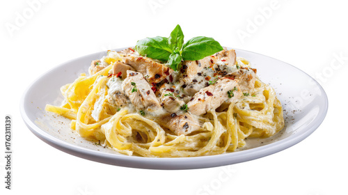 Chicken Alfredo Pasta with Basil isolated on a transparent background