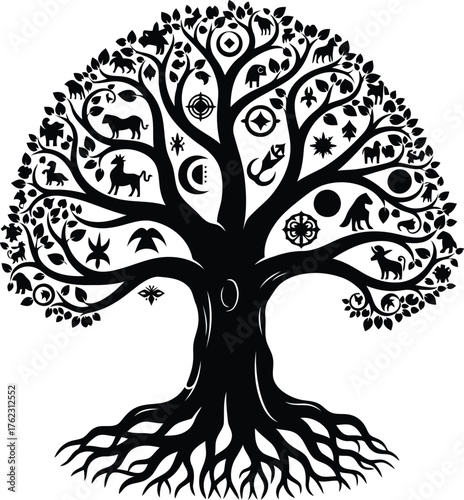 Vector art of a stylized tree of life silhouette with various symbols and animals on its branches