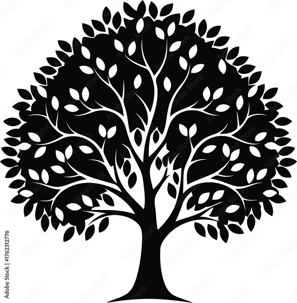 Fototapeta premium Vector art of silhouette of a lush tree with many leaves and branches
