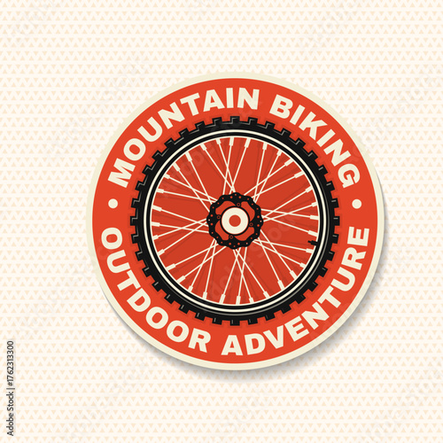Mountain biking club patch, sticker. Vector. Concept for shirt or logo, print, stamp or tee. Vintage typography design with mountain bike wheel silhouette. Extreme sport