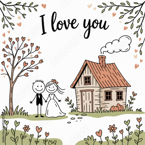 Romantic Sketch: A tender display of love and commitment, illustrated with a charming stick-figure couple. Alongside them, a cozy home with smoke curling from its chimney.