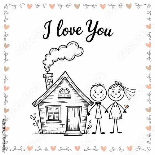 Love and Home: A charming hand-drawn illustration captures a heartwarming scene of love and domesticity, Perfect for conveying sentiments of affection and belonging. 