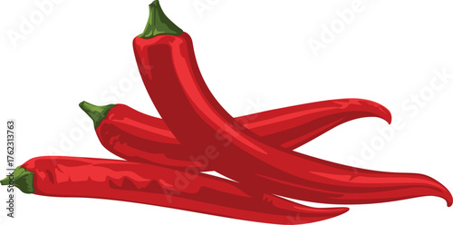 Three red chili peppers are stacked on top of each other, with green stems, against a white background.