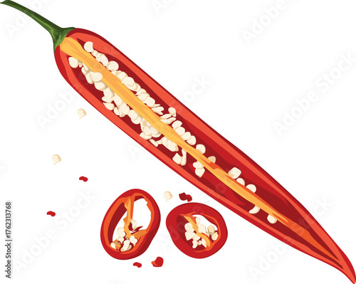 Illustration of a halved red chili pepper with seeds, accompanied by two sliced rings of the same pepper.
