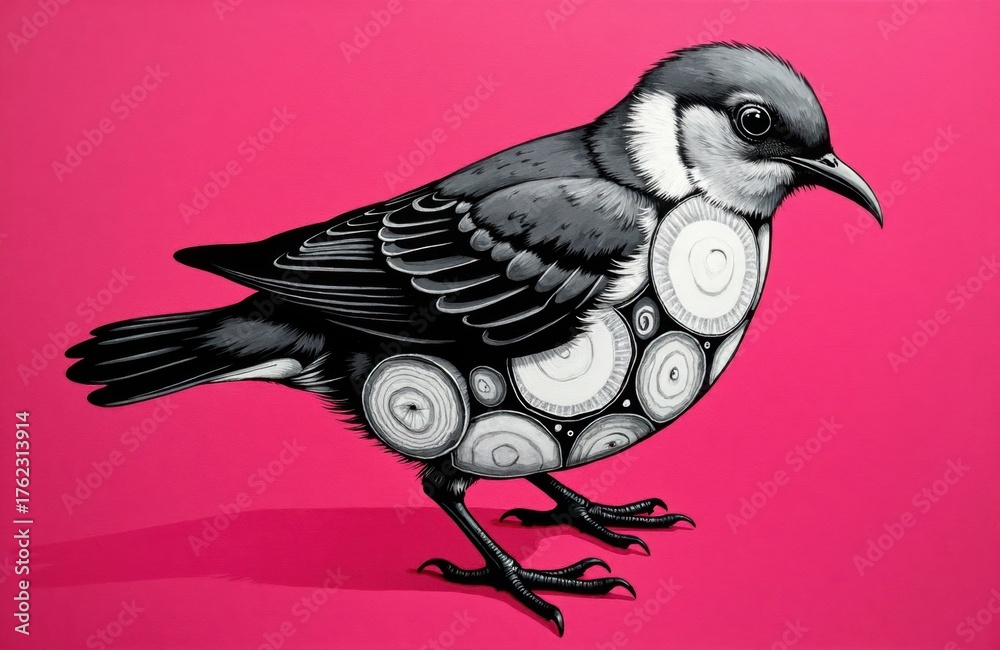 Fototapeta premium Colorful illustration of a bird with geometric patterns on a pink background