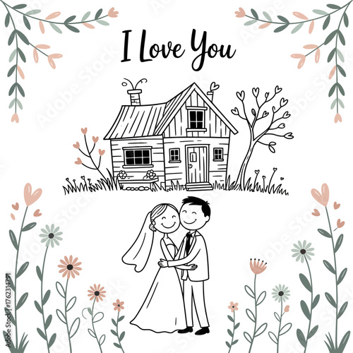 Love's Cozy Haven: A tender illustration depicts a loving couple embracing in front of a quaint house with delicate floral details, embodying the warmth and promise of I Love You.