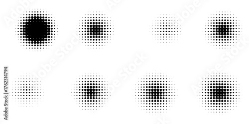 Halftone gradient. Dotted gradient, smooth dots spraying and halftones dot background seamless horizontal geometric pattern vector template set. unique dots modern circles