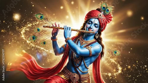 Divine Lord Krishna with Blue Skin Playing Sacred Flute Adorned with Peacock Feather Crown