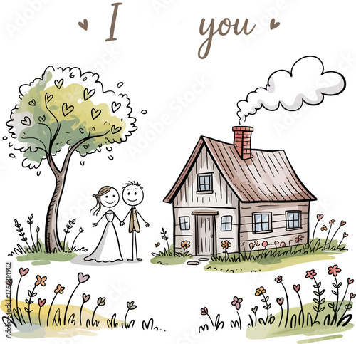 Love's Shelter: A heartwarming illustration of a couple standing by their dream home, encircled by symbols of love and nature's beauty.