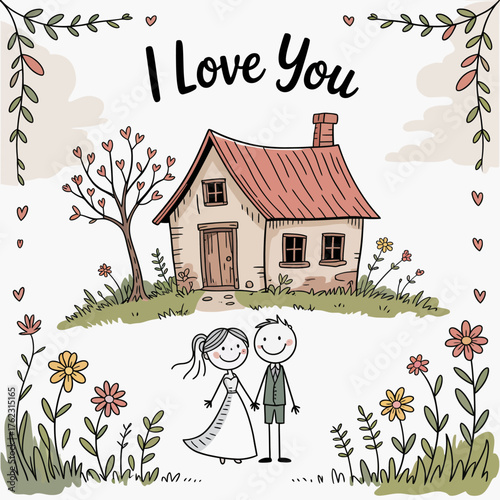 Love's Abode: Whimsical illustration of a couple standing in front of a quaint house surrounded by heart-shaped tree and blooming flowers, with I Love You written across the top.