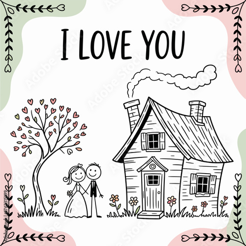 Love and Home: A heart-warming illustration of I LOVE YOU message, couple and cozy home with tree and flower symbolizing a heartfelt message and domestic bliss.