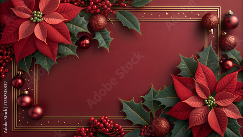 Elegant Red Christmas Wallpaper with Poinsettia Flowers, Holly Leaves, and Ornaments – Festive Holiday Background for Cards, Invitations, and Digital Designs