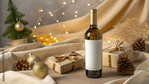 Christmas Wine Bottle Mockup | Elegant Holiday Wine Label PSD & JPG Template for Branding, Festive Packaging, and Luxury Gift Presentation