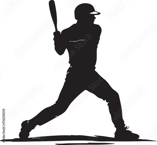 Silhouette of baseball player in batting stance with helmet and bat for sports, fitness, and athletic action themes