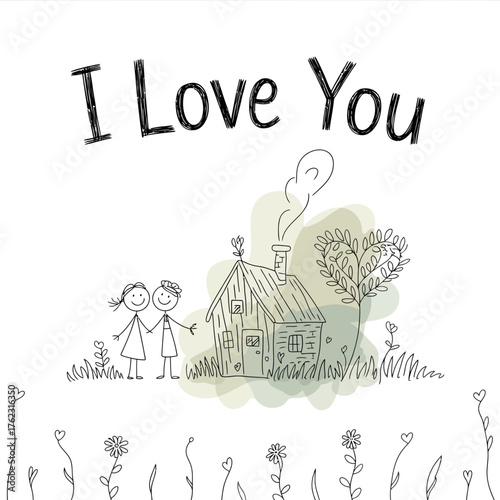 Love's Haven: A heartwarming doodle-style illustration conveying a message of love, featuring a cozy house, a couple holding hands, and floral elements.