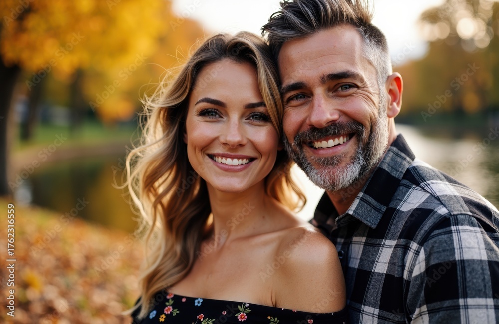 Fototapeta premium A smiling couple enjoying a sunny autumn day outdoors with colorful fall foliage in the background