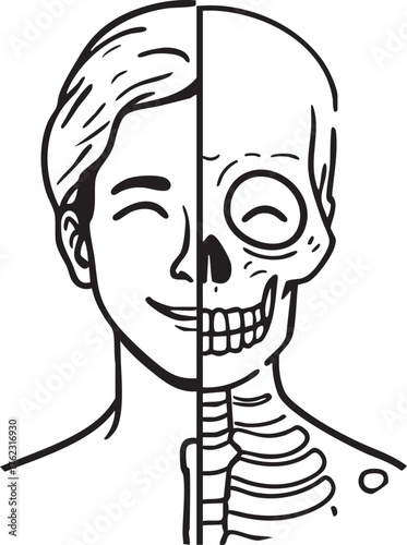 Split human anatomy sketch showing smiling face and internal skeleton for educational, medical, and conceptual themes