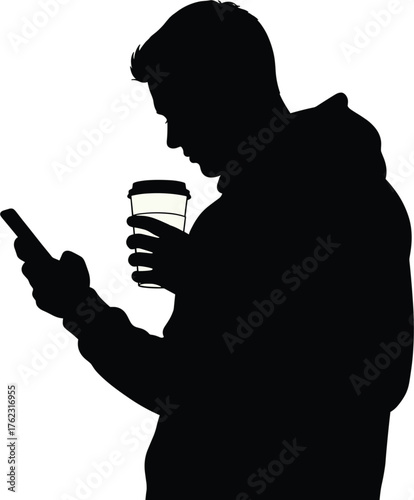 Silhouette of a person holding a smartphone and a takeaway coffee cup, engrossed in their device while on the go, person, smartphone, coffee, cup, silhouette, individual, visual, interaction, link, pr