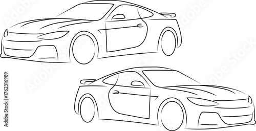 Two minimalist line art illustrations of sleek sports coupes with spoilers, dynamic side profiles in black outline for automotive design