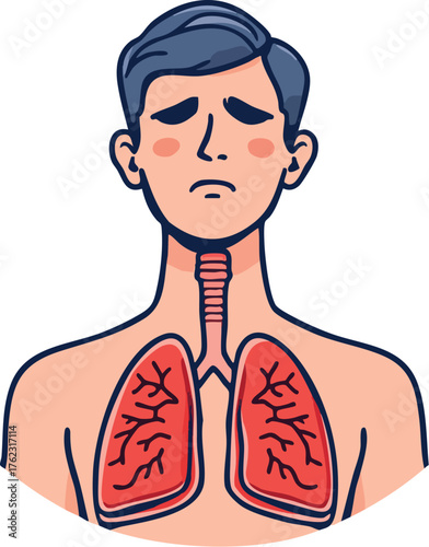 Hand-drawn respiratory anatomy sketch with distressed person showing lungs, trachea, and alveoli for health education themes