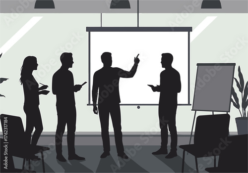 Business meeting with presentation and flip chart business, meeting, presentation, flip, presentation, room, office, visual, silhouettes, whiteboard, pointing, projector, workshop, chairs, employees, 