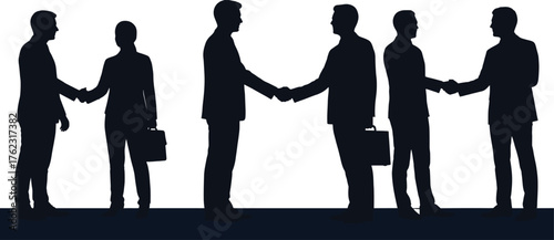 Businessmen shaking hands in silhouette with briefcases business, handshake, silhouette, background, isolated, silhouettes, contract, connection, introduction, briefcases, partnership, deal, business/