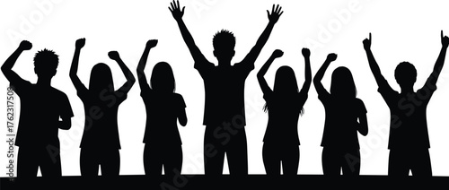 Group of people raising hands silhouette arms up, group, people, silhouette, raising hands, arms up, celebration, cheering, success, victory, protest, revolution, freedom, unity, community, crowd, aud