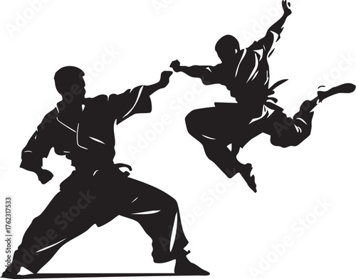 Martial arts silhouette vector of two fighters in dynamic combat pose for sports, discipline, action, and training themes