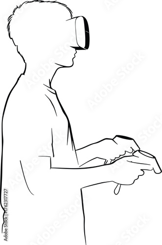Person wearing VR headset holding controllers line art, virtual reality, vr, headset, goggles, technology, gaming, entertainment, future, immersive, digital, augmented reality, simulation, cyberspace,
