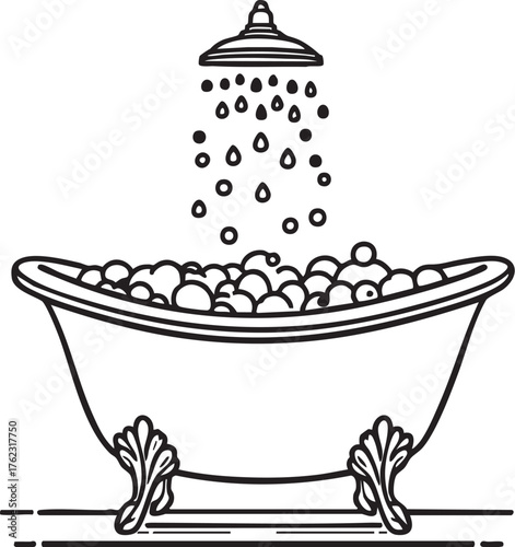 Clawfoot bathtub with bubbles and showerhead, black and white line vector for hygiene, relaxation, and interior themes