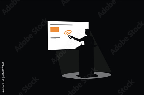 Presenter at Podium Using Smartphone to Control Presentation, presentation, speaker, podium, microphone, screen, projector, smartphone, mobile phone, technology, digital, wireless, signal, wifi, conne