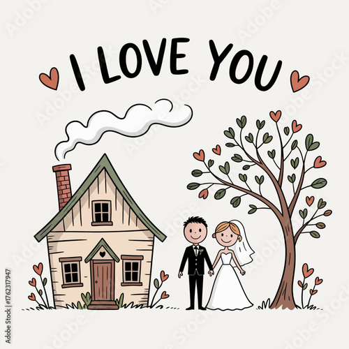 Eternal Vows: A heartwarming illustration of a loving couple beginning their forever journey, under the tender promise of I Love You. 