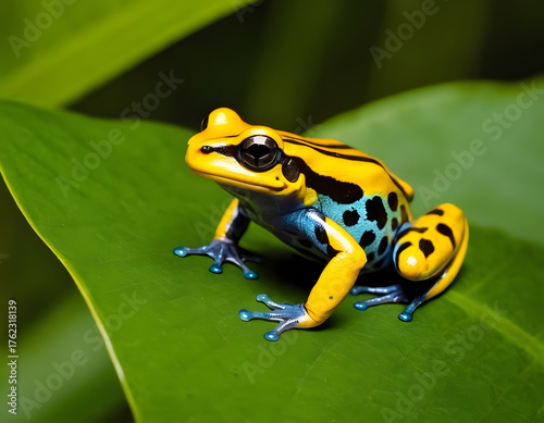 green tree frog, Yellow-banded poison dart frog sitting on a leaf. reptiles concept background. wildlife animals