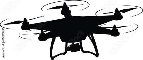 Black silhouette of a flying drone with spinning propellers, drone, silhouette, flying, quadcopter, aerial, photography, videography, technology, device, machine, aircraft, propellers, spinning, motio