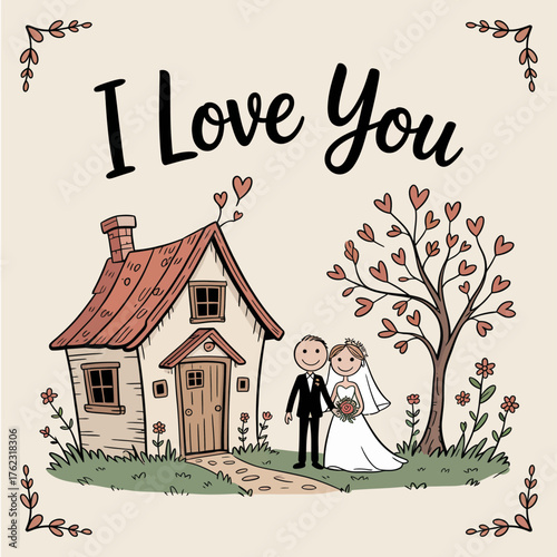 Love's Abode: A charming illustration depicts a couple embracing, with I Love You inscribed above their dream house, under a tree adorned with hearts, embodying eternal love.