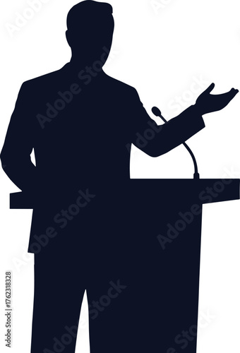 Silhouette of a man speaking at a podium with a microphone, silhouette, man, male, speaking, podium, microphone, speech, presentation, business, conference, politician, leader, public speaking, debate