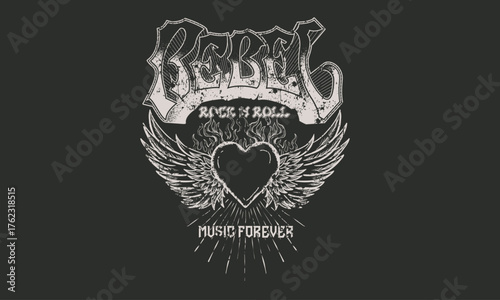Rock and roll tour t shirt print design. Rockstar vector artwork. Eagle wing with fire heart graphic artwork. Music poster.