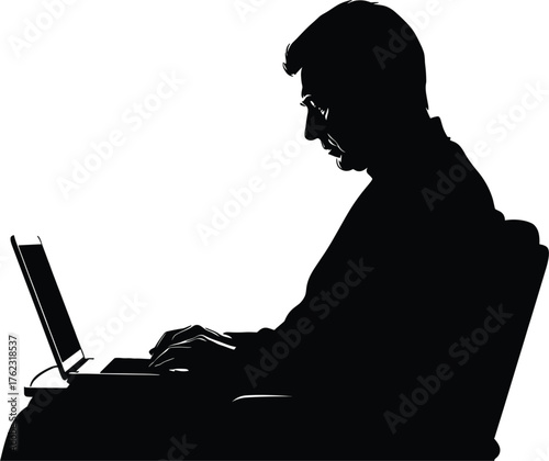 Silhouette of a man typing on a laptop computer male, silhouette, man, male, typing, laptop, computer, working, business, technology, indoors, white background, isolated, side view, profile, glasses, 