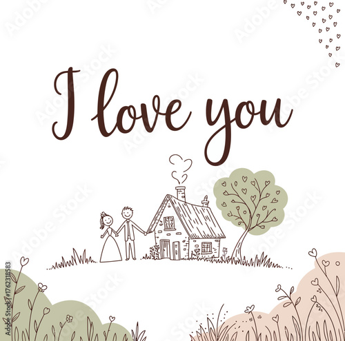 Love and Togetherness: A heartfelt declaration of affection with a couple stands hand in hand, alongside a charming cottage and tree, expressing enduring connection.