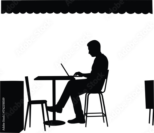 Silhouette of a man working on a laptop at a cafe table, silhouette, man, laptop, computer, cafe, table, chair, working, typing, online, internet, technology, business, freelance, remote work, student