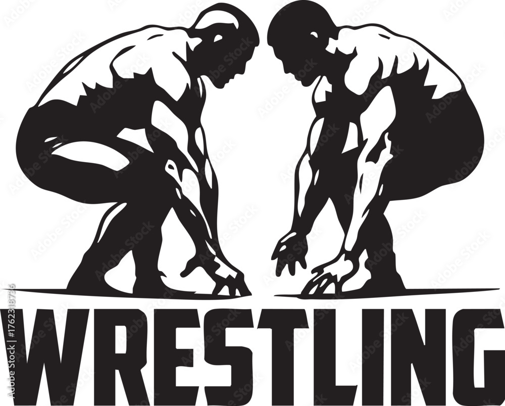 Fototapeta premium Two wrestlers in crouched stance with bold WRESTLING text, black and white vector for sport, strength, and competition
