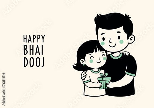Cute "Happy Bhai Dooj" cartoon illustration featuring a happy brother and sister hugging and exchanging a small gift, celebrating their loving sibling bond.