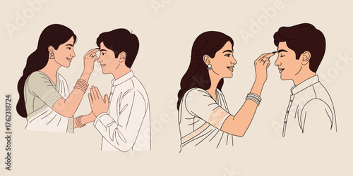 Detailed vector illustration set of a sister applying Tilak (Tika) to her brother's forehead during the Bhai Dooj ceremony, showcasing the sacred ritual.