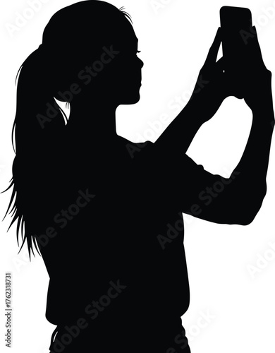 Silhouette of a woman taking a selfie with her smartphone, silhouette, person, woman, female, smartphone, mobile, phone, selfie, camera, taking photo, holding, hand, arm, hair, ponytail, long hair, is
