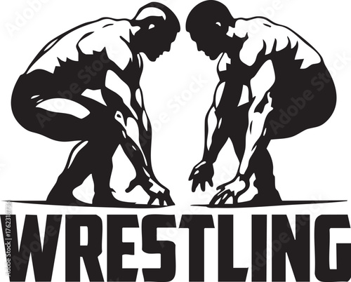 Two wrestlers in crouched stance with bold WRESTLING text, black and white vector for sport, strength, and competition