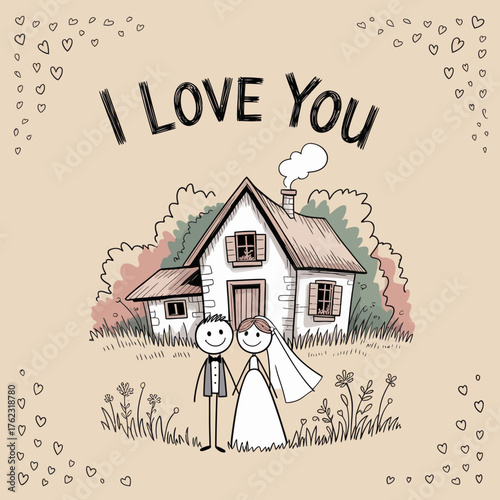 Sweethearts' Haven: A heartwarming illustration of a stick figure couple standing before their charming house, embracing the promise of love and togetherness, against a backdrop of a warm embrace.